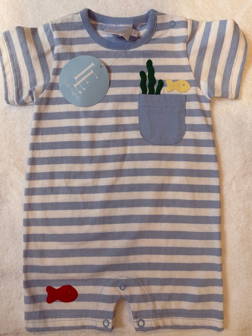 Striped Baby Romper with Pocket Fish Appliqué